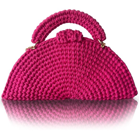 Women's Handmade Crochet Pink Evening Clutch Small Formal Flap Crossbody Bag - Picture 2 of 6